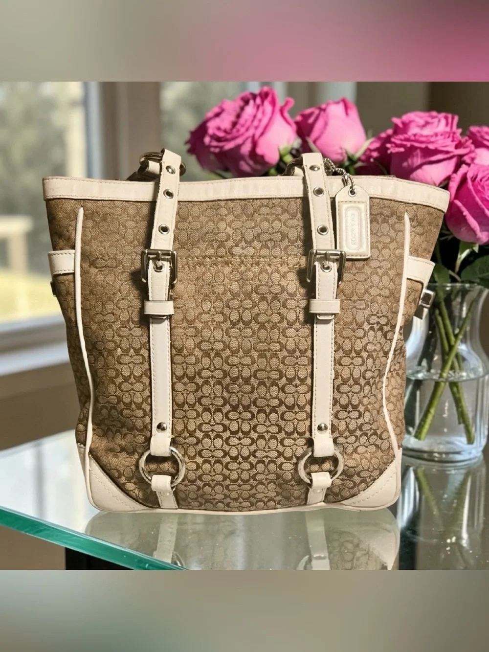 Coach 2007 Khaki and Chalk Signature Canvas Tote with Leather Trim - Picture 2 of 14